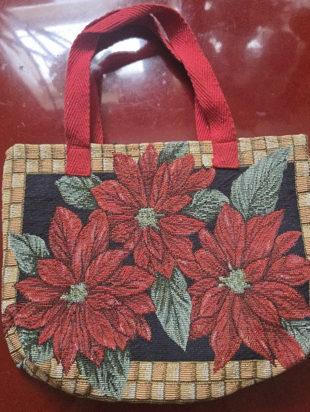 Mini Tote Bag Floral Holiday Handcrafted Stitched Poinsettia